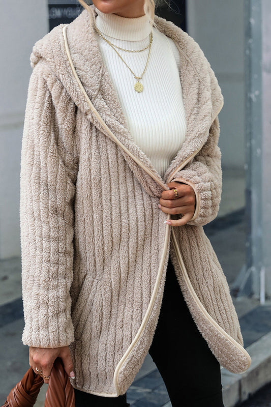 Women Trench Coat Fall Winter Hooded Loose Double-Sided Plush Buckle-Free Cardigan Jacket