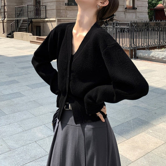 Women Knitted Cardigan Black V-neck Sweater Cardigan Long Sleeve Knitted Jacket