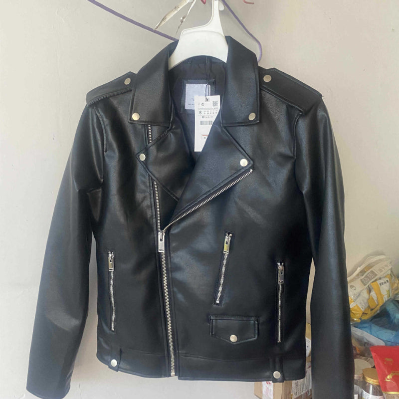 Men Motorcycle Jacket Autumn and Winter Imitation Leather Motorcycle Oblique Zipper Jacket Coat Leather Coat