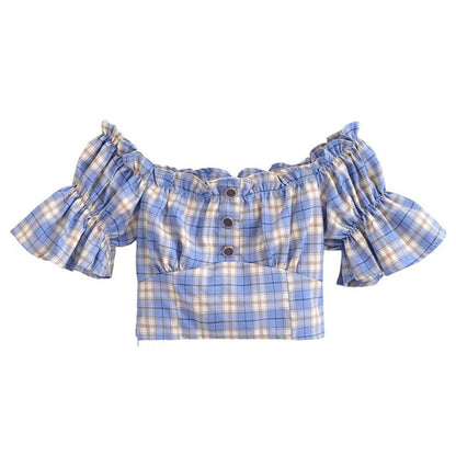 Women Tops Summer Puff Sleeve Plaid Top Short Shirt