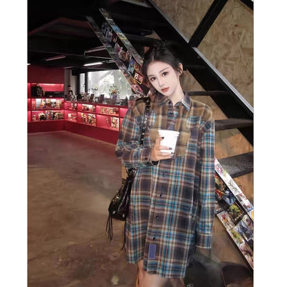 Unisex Shirts Vintage Plaid Shirt Splicing Loose Jacket