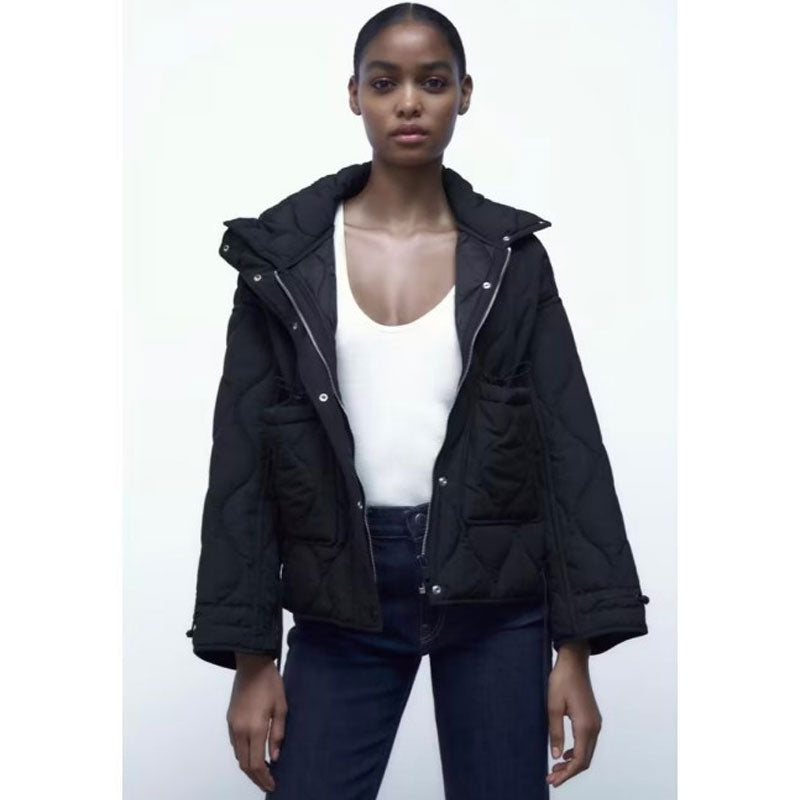 Women Cotton Coat Loose Lapel Diamond Plaid Jacket