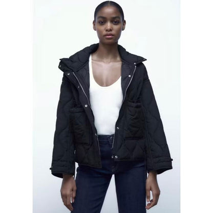 Women Cotton Coat Loose Lapel Diamond Plaid Jacket