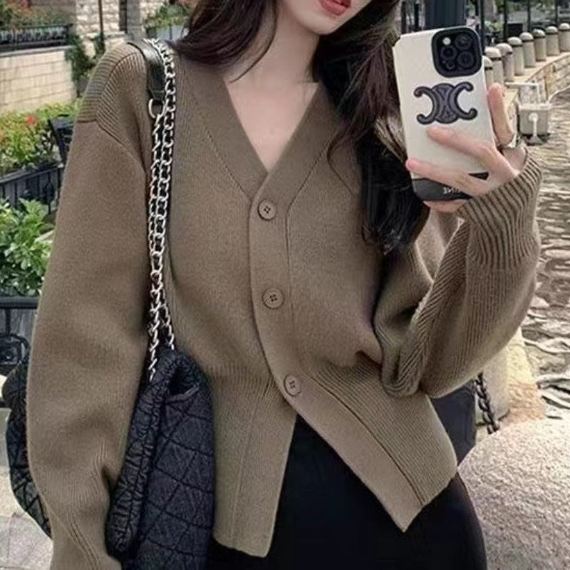 Women Knitted Cardigan Black V-neck Sweater Cardigan Long Sleeve Knitted Jacket