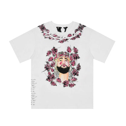 Vlone T Shirts Character Floral Short Sleeve T-shirt Printed Men and Women High Street Half Sleeve Shirt