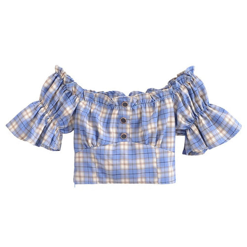 Women Tops Summer Puff Sleeve Plaid Top Short Shirt