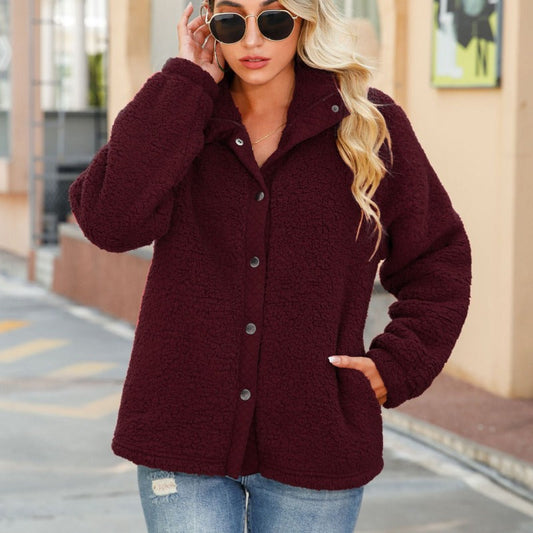 Women Trench Coat Autumn round Neck Long Sleeve Double-Sided Bubble Fleece Jacket