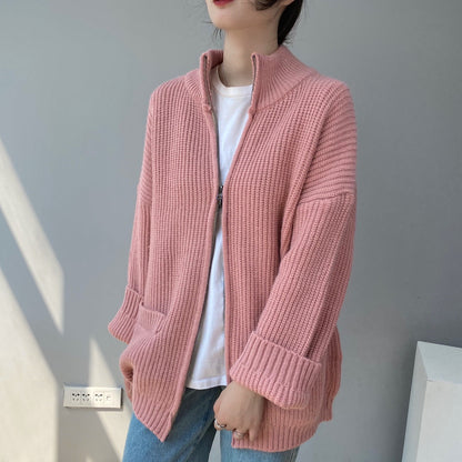 Women Cardigan Sweater Loose Autumn Zipper Jacket 8t7116