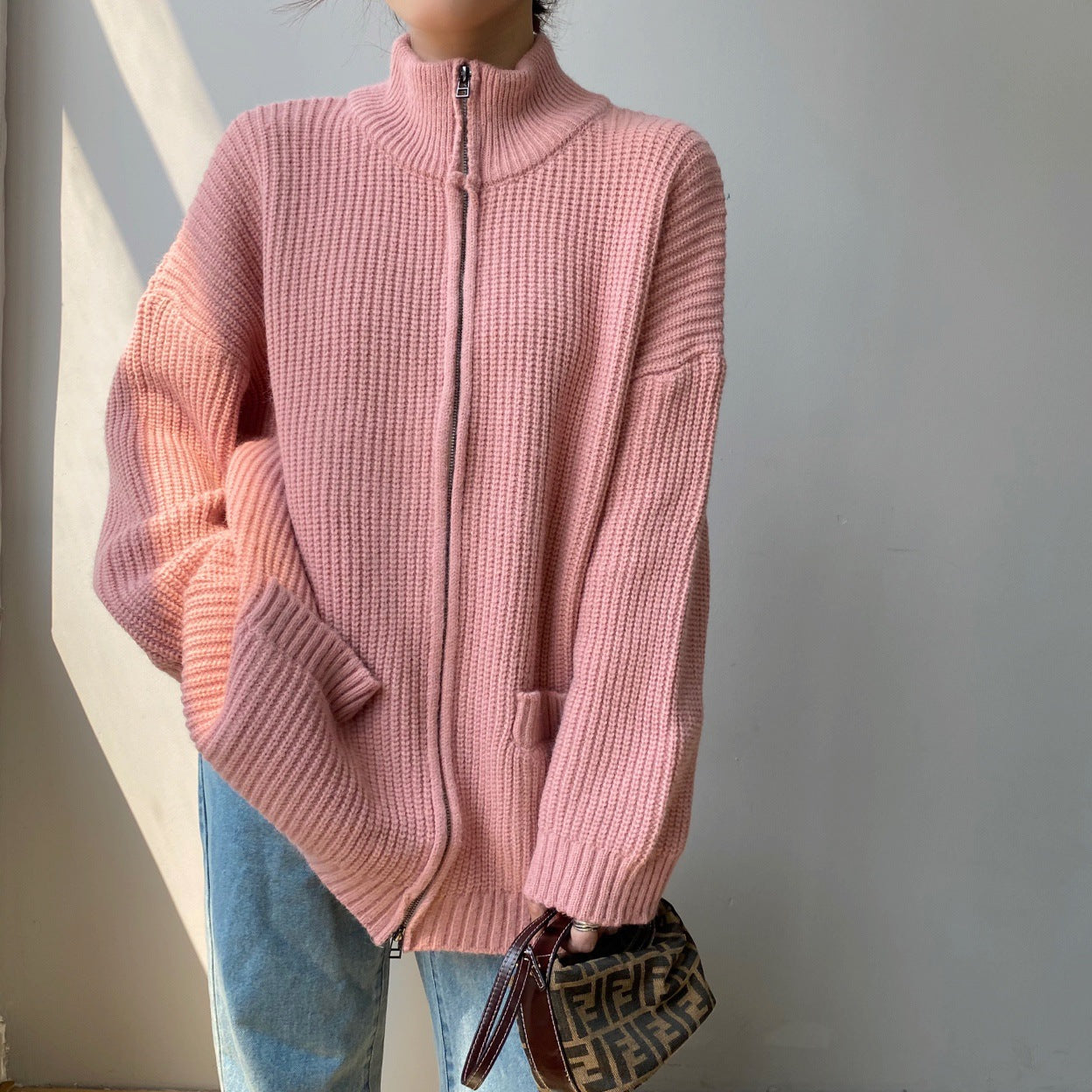 Women Cardigan Sweater Loose Autumn Zipper Jacket 8t7116