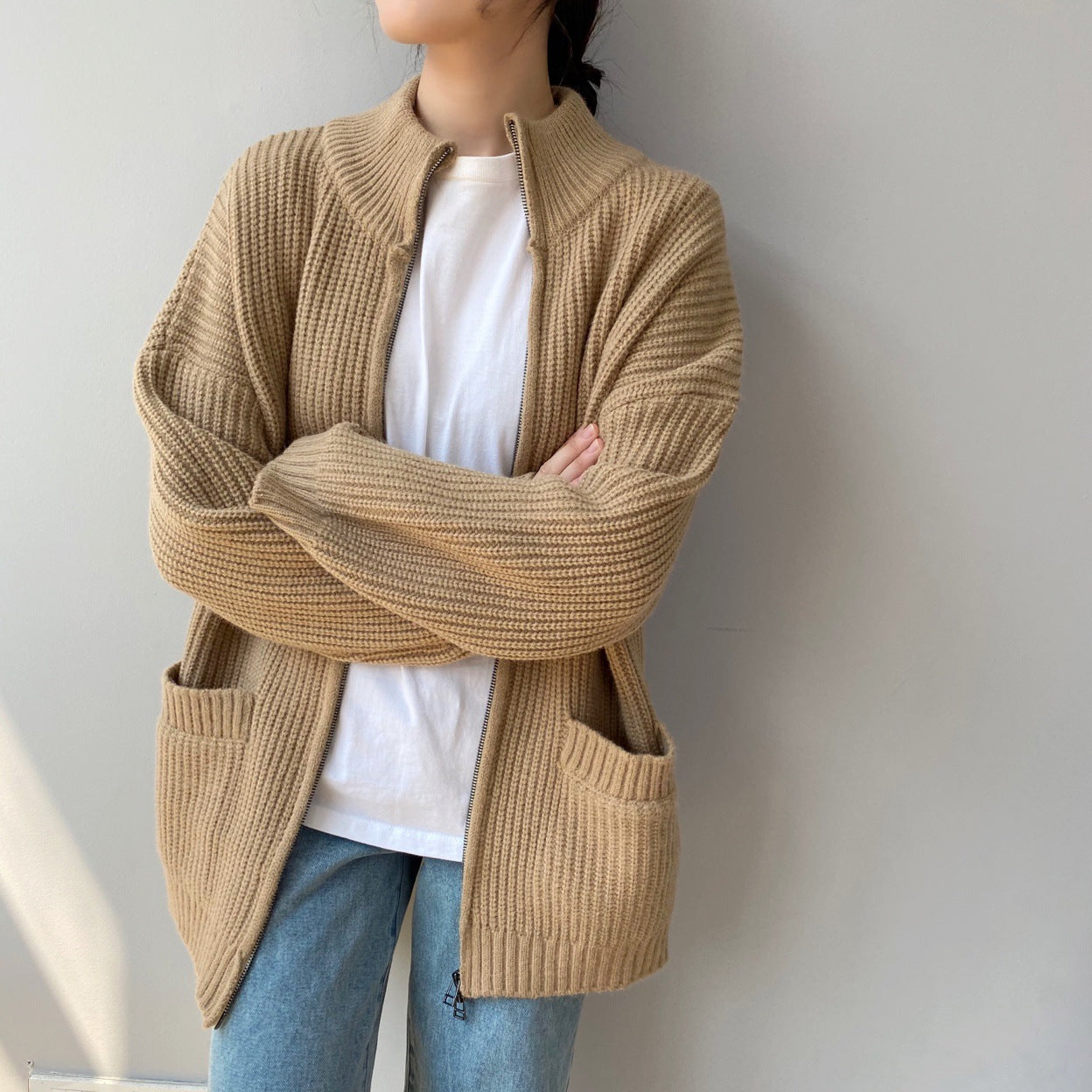 Women Cardigan Sweater Loose Autumn Zipper Jacket 8t7116