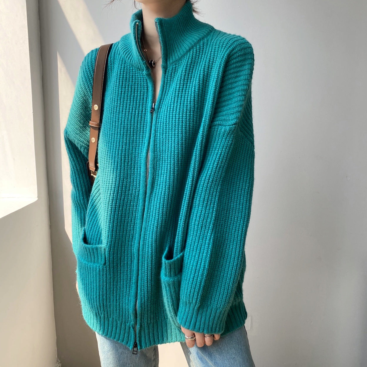Women Cardigan Sweater Loose Autumn Zipper Jacket 8t7116