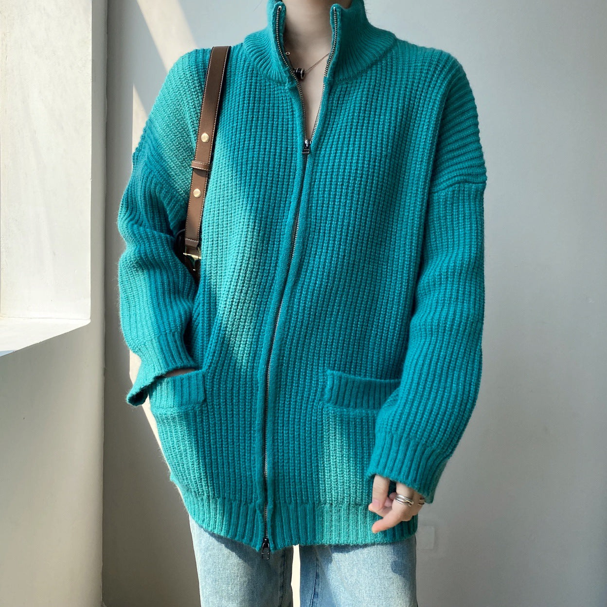 Women Cardigan Sweater Loose Autumn Zipper Jacket 8t7116