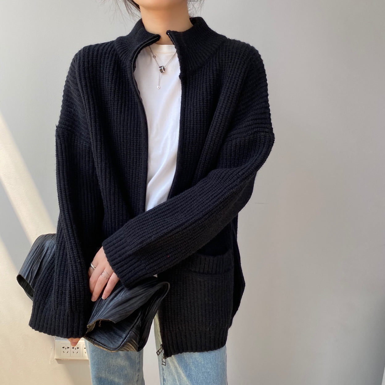 Women Cardigan Sweater Loose Autumn Zipper Jacket 8t7116