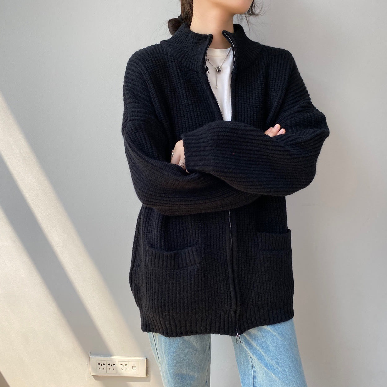 Women Cardigan Sweater Loose Autumn Zipper Jacket 8t7116