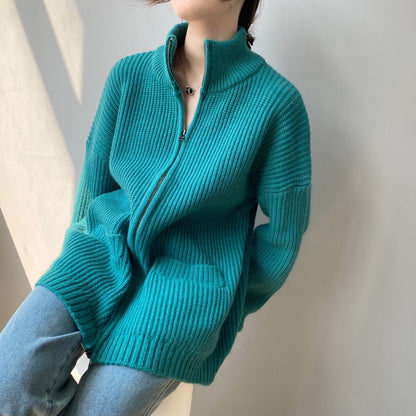 Women Cardigan Sweater Loose Autumn Zipper Jacket 8t7116