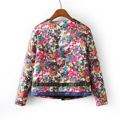 Women Cotton Coat Floral Cardigan Coat Stand Collar