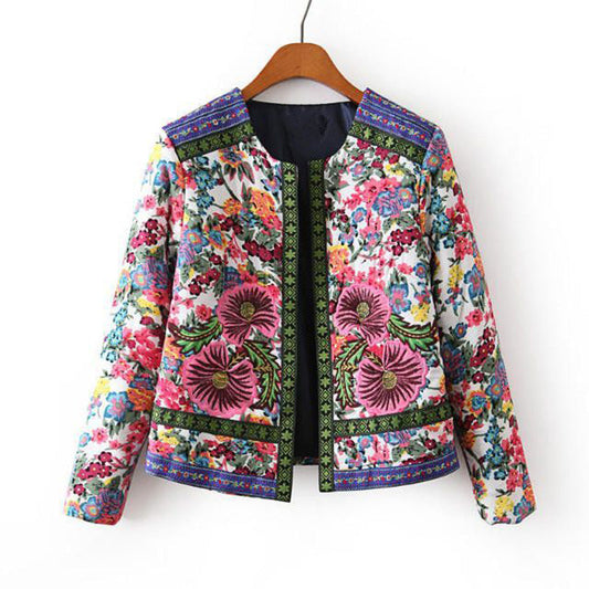 Women Cotton Coat Floral Cardigan Coat Stand Collar