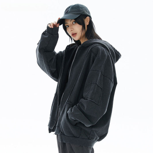 Men Hoodie Washed Distressed Hooded Sweater Men and Women Hip Hop Retro Couple Zipper Jacket