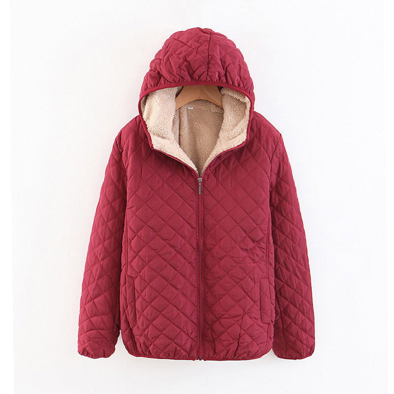 Women Cotton Coat Fleece-lined Lamb Fur Hooded Jacket