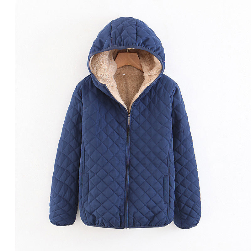Women Cotton Coat Fleece-lined Lamb Fur Hooded Jacket