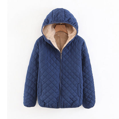 Women Cotton Coat Fleece-lined Lamb Fur Hooded Jacket