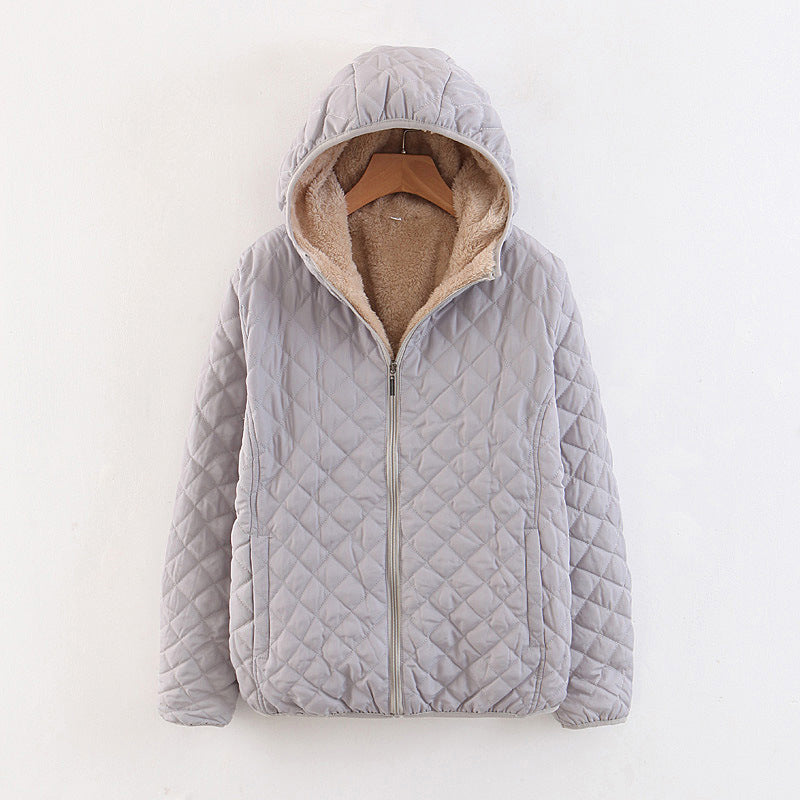 Women Cotton Coat Fleece-lined Lamb Fur Hooded Jacket