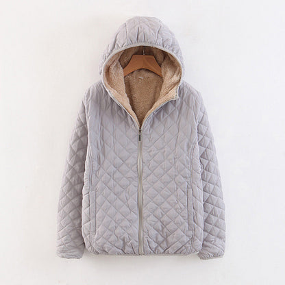 Women Cotton Coat Fleece-lined Lamb Fur Hooded Jacket