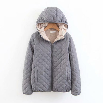 Women Cotton Coat Fleece-lined Lamb Fur Hooded Jacket