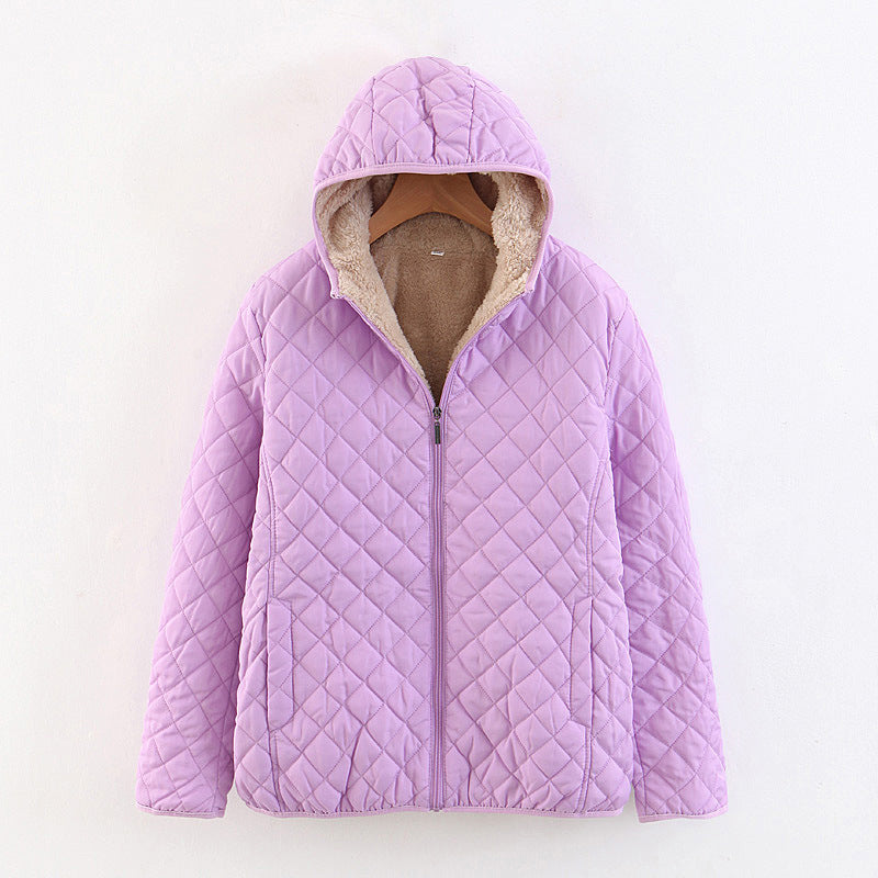 Women Cotton Coat Fleece-lined Lamb Fur Hooded Jacket