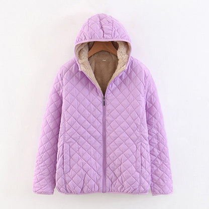 Women Cotton Coat Fleece-lined Lamb Fur Hooded Jacket