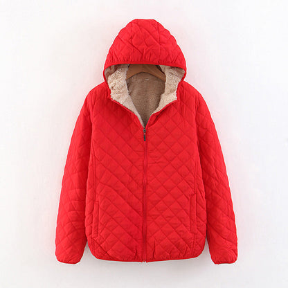 Women Cotton Coat Fleece-lined Lamb Fur Hooded Jacket