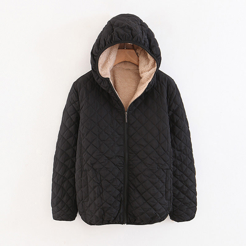 Women Cotton Coat Fleece-lined Lamb Fur Hooded Jacket
