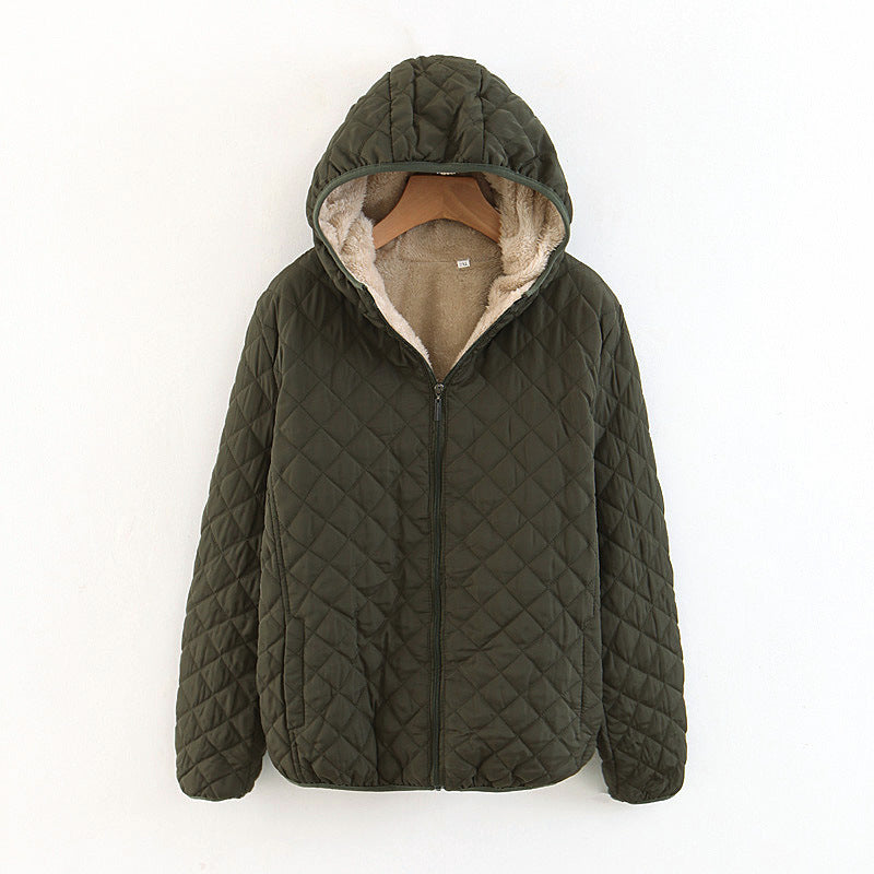 Women Cotton Coat Fleece-lined Lamb Fur Hooded Jacket