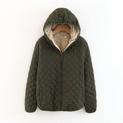 Women Cotton Coat Fleece-lined Lamb Fur Hooded Jacket