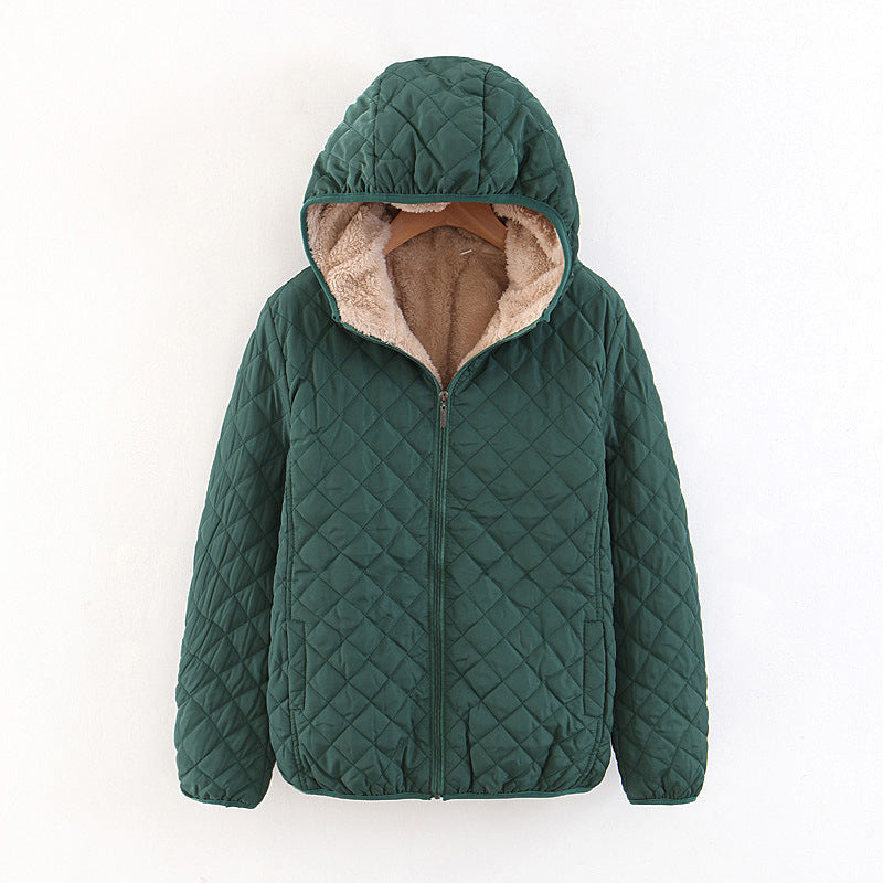 Women Cotton Coat Fleece-lined Lamb Fur Hooded Jacket