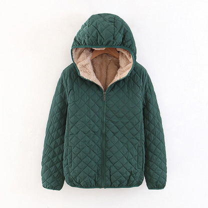 Women Cotton Coat Fleece-lined Lamb Fur Hooded Jacket