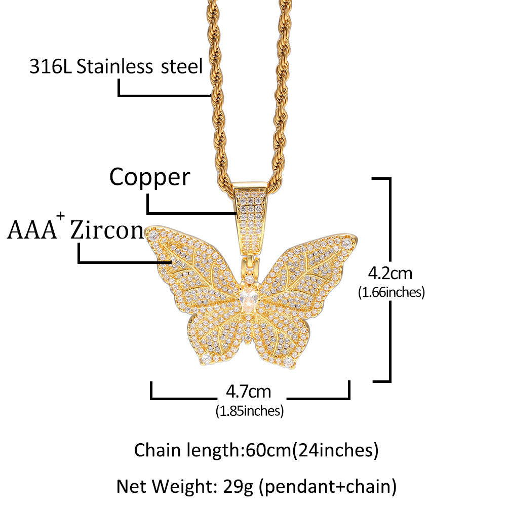 Jewelry Hip Hop Zircon Butterfly Pendant Necklace ins Wind Butterfly Animal St. Valentine's Spectrum