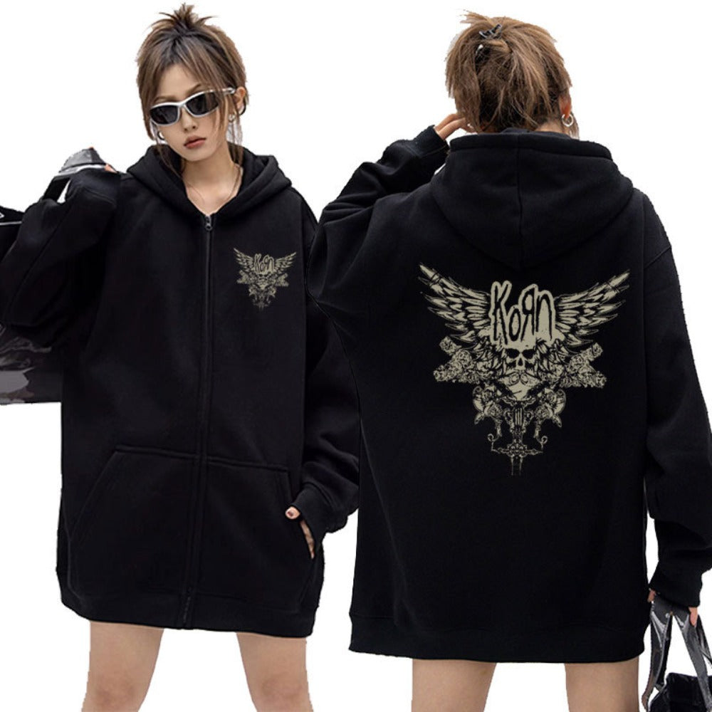 Korn Skull Wings Girls Juniors Black Graphic Zipper Hoodie