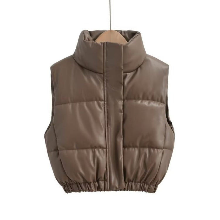 Women Cotton Coat Casual Stand Collar Imitation Leather Vest