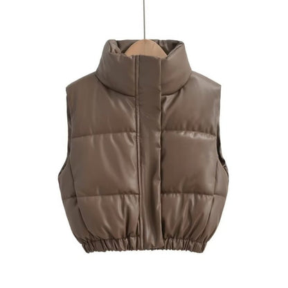 Women Cotton Coat Casual Stand Collar Imitation Leather Vest