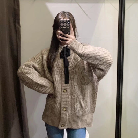 Women Sweater Knitwear Winter Pocket Decoration Thick Mid-Length Knitted Cardigan Jacket