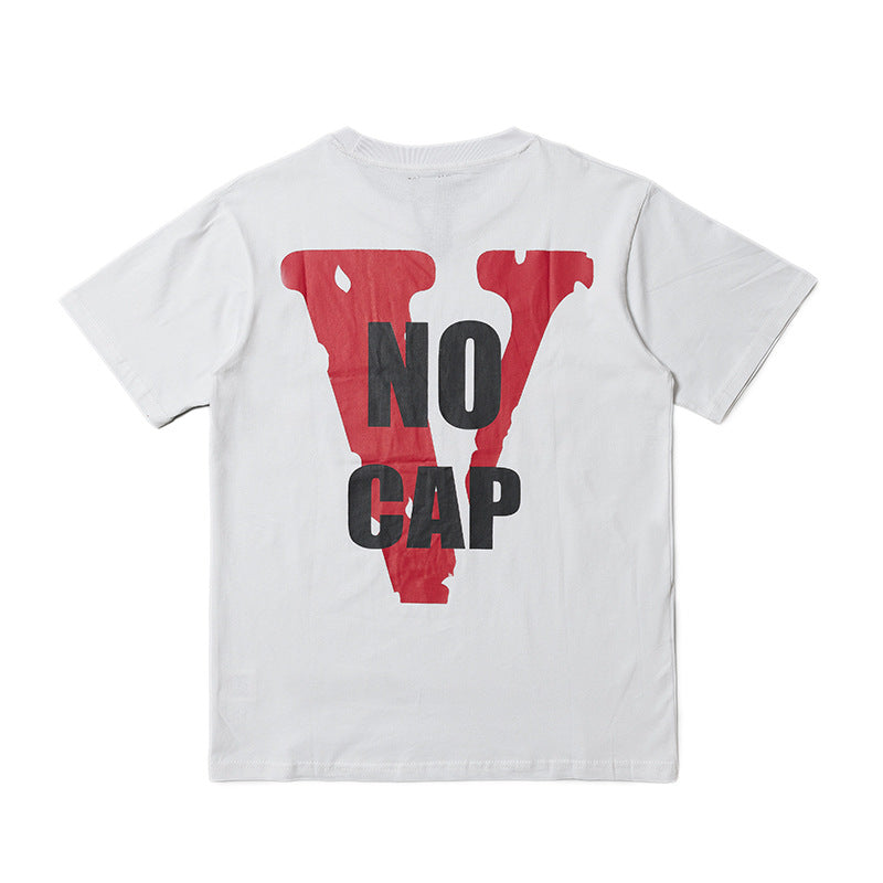 Vlone T Shirts Vlone No Cap High Street Large V-Shaped Female Print Hip Hop Loose Short Sleeve T-shirt for Men and Women