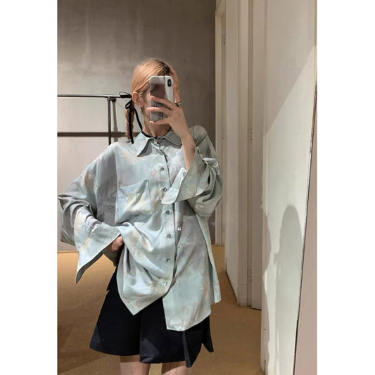 Unisex Shirts Floral Print Oversized Satin Shirt