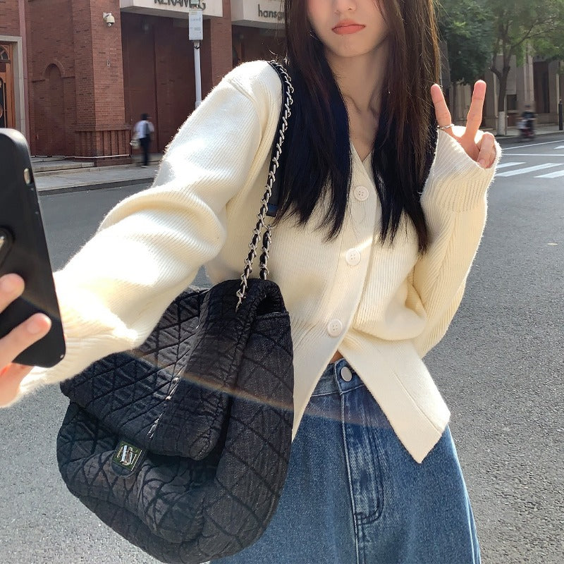 Women Knitted Cardigan Black V-neck Sweater Cardigan Long Sleeve Knitted Jacket