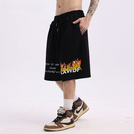 Men Shorts Hiphop Vintage Flame Print Sports Shorts