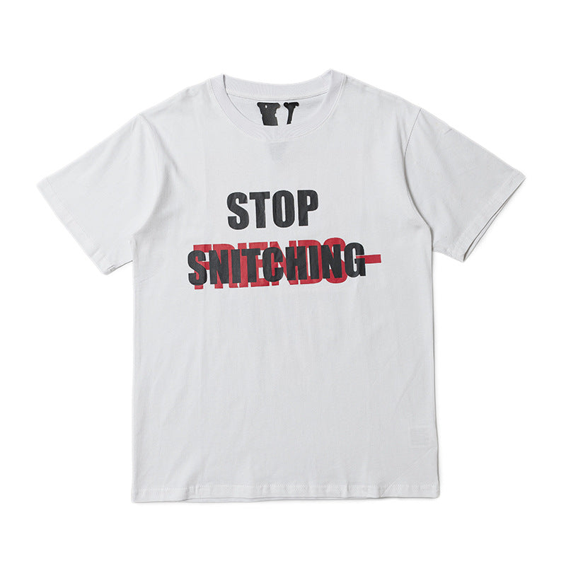 Vlone T Shirts Vlone No Cap High Street Large V-Shaped Female Print Hip Hop Loose Short Sleeve T-shirt for Men and Women
