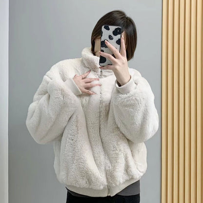 Women Cotton Coat Imitate Rex Rabbit Fur Fur Outer Loose Jacket