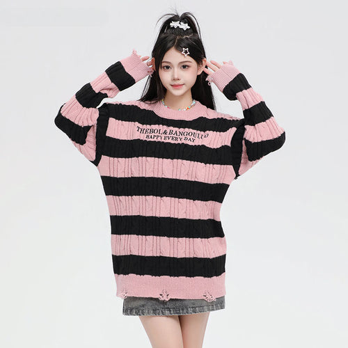 Women Sweater Striped Knitted Sweater College Style