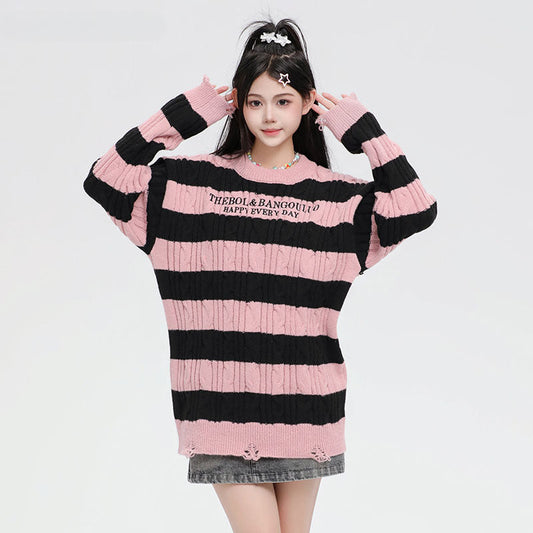 Women Sweater Striped Knitted Sweater College Style