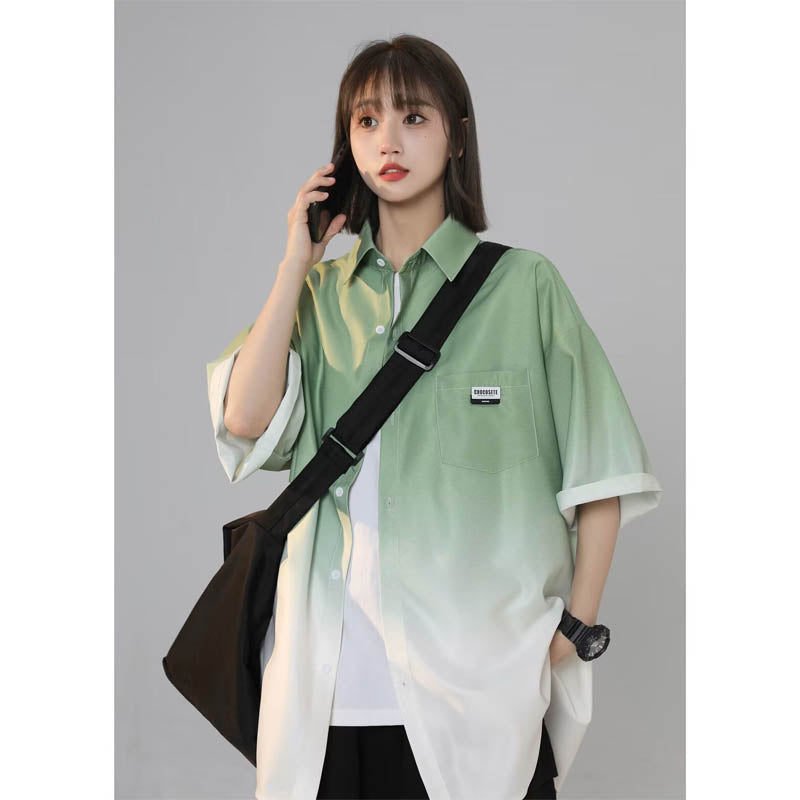 Men Shirts Gradient Color Short Sleeve Jacket Casual